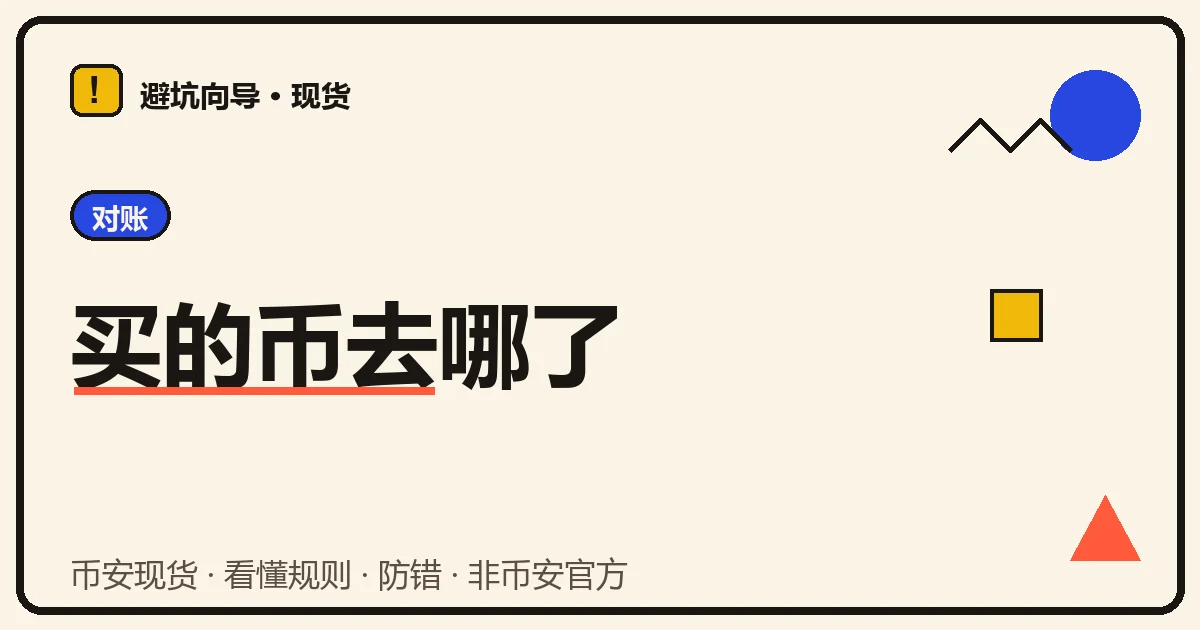 本文封面:奶油底几何插图,蓝色标签写着对账,大标题「买的币去哪了」下面一道红线,右侧是蓝色圆点、黄色方块、红色三角和一条黑色折线